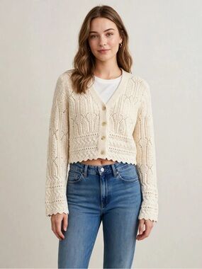 Lush Cream Cropped V-Neck Button-Front Knit Cardigan